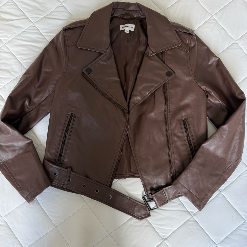 Superdown Kailey moto Chocolate Leather Jacket size Xsmall